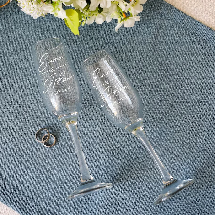 2pcs Personalized Wedding Glasses Champagne Flute Laser Engraving Custom Wedding Glasses Bride and Groom Champagne Glasses