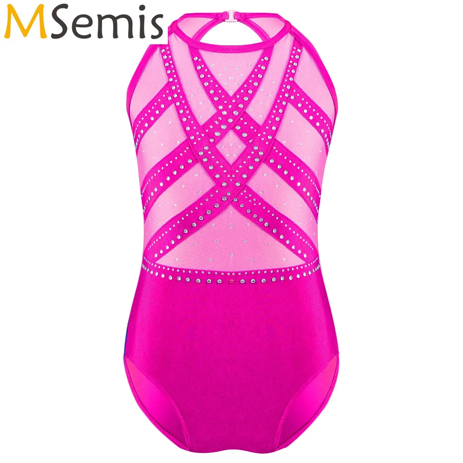 Kids Girls Glittery Rhinestones Ballet Jersey Unitards Gymnastics Leotard Bodysuit Figure Skating Dance Performance Costume