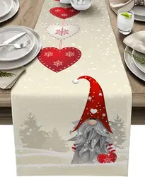 Christmas Gnome Red Heart Winter Snowflake Pine Tree Linen table runners Dresser Scarf decor washable dining table runners decor