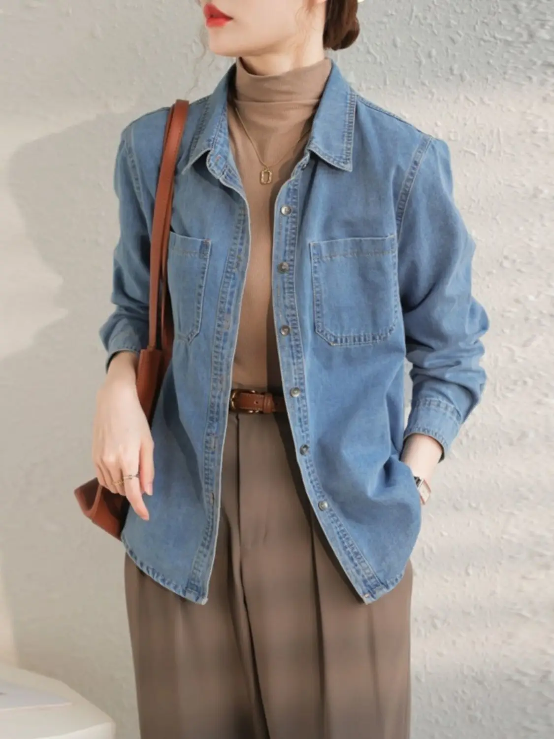 Washed Retro Blue Denim Shirt Women\'s New Style Front Shoulder Folded Cotton Shirt Cardigan Thin Jacket