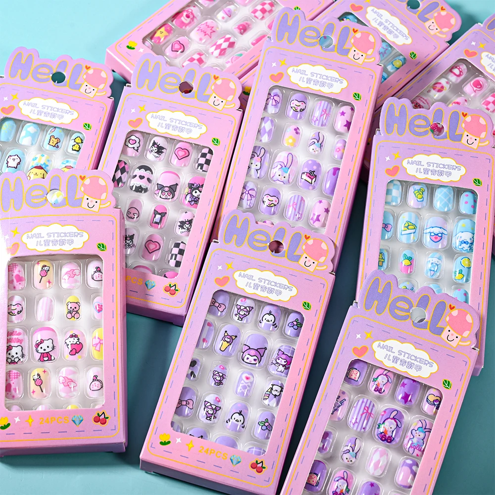 24 Stuks Miniso Cartoon Hello Kitty Pers Op Nagels Sanrio Serie Roze/Blauw/Paars Kuromi Kawaii Nep Nagel Voor 6 Jaar + School Meisje