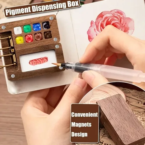 Imagen 2 del producto Mini juego de acuarela de viaje, caja de paleta de rejilla de madera de bolsillo, pincel para cuaderno de bocetos, bolígrafos con Clips de carpeta para pintores, artistas y estudiantes