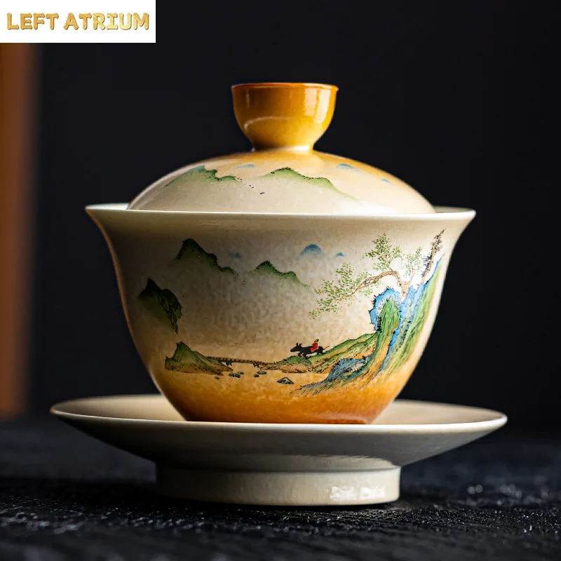Grass and Wood Ceramic Gaiwan, Retro Brewing, Covered Bowl, Kung Fu Tea Set, Household Ceremony Pot, Landscape, Retro Style