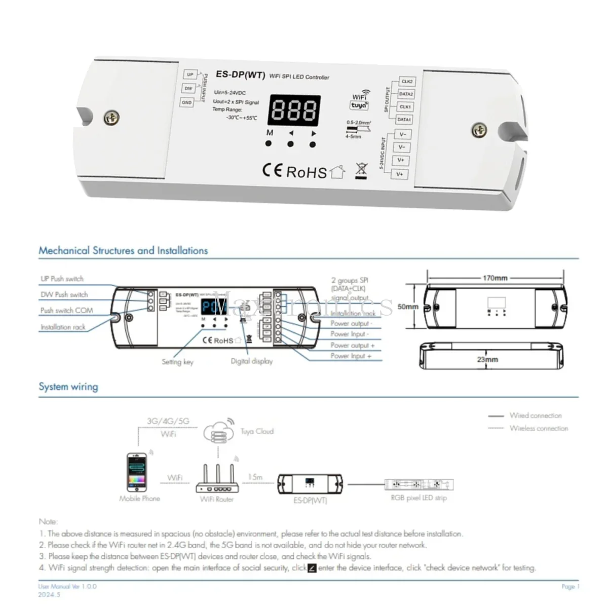 جديد ES-DP(WT) 5-24VDC WiFi SPI تحكم مزدوج الضغط على زر أضواء لدرجات السلم Tuya APP التحكم ل WS2812/2811 RGB أو شريط الضوء الأبيض #2