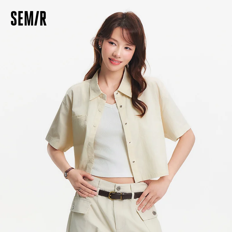 

Semir Women Short Sleeve Shirt 2025 Summer New Solid Color Loose Fit Textured Casual Shirt with Salt Style Vibe