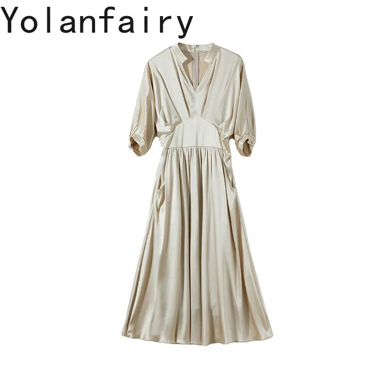 YOLANFAIRY 19mm 92.3%Natural Mulberry Silk Satin Dress for Woman French Elegant Birthday Dresses Luxury V-neck Large Hem vestido