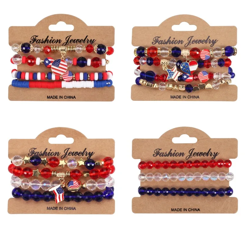 American Independence Day flag bracelet, multi-layer artificial crystal bead elastic bracelet, holiday atmosphere accessory gift