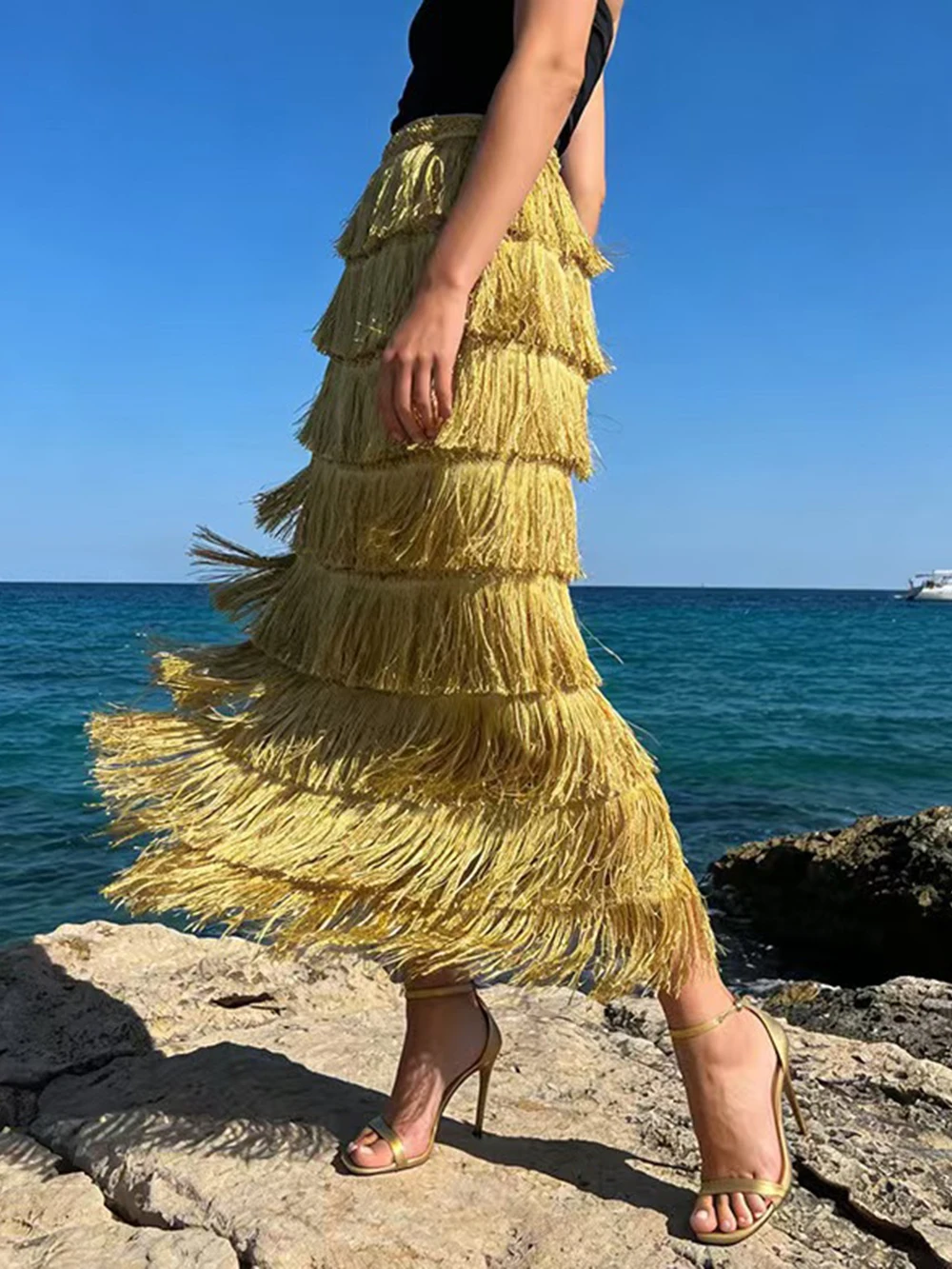 Modphy 2026 Summer New Tassel Long Skirt For Women Trendy Solid Fringe High Waist Streetwear Casual Skirts