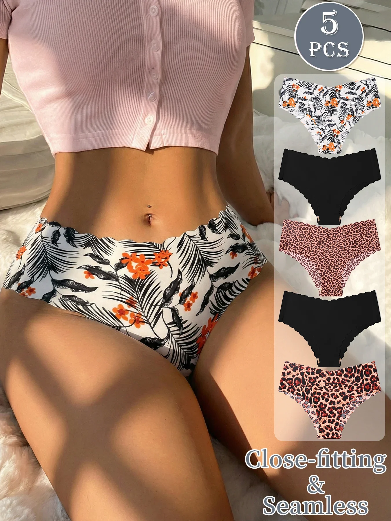 5 Pack Women's Seamless Briefs, Leopard Print & Solid Color Scalloped Edge No Show Underwear