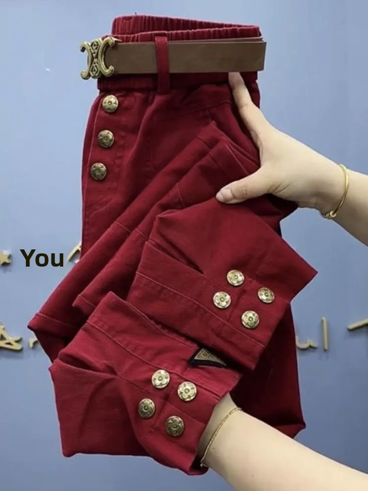 กางเกงขายาวทรงตรงเอวสูงสไตล์ลำลองแฟชั่นใหม่สำหรับฤดูใบไม้ร่วงและฤดูหนาว รุ่น Thiened Single Floing ทรงหลวมช่วยพรางหุ่น ทรงฮาร์แลน เหมาะสำหรับใส่ทำงาน