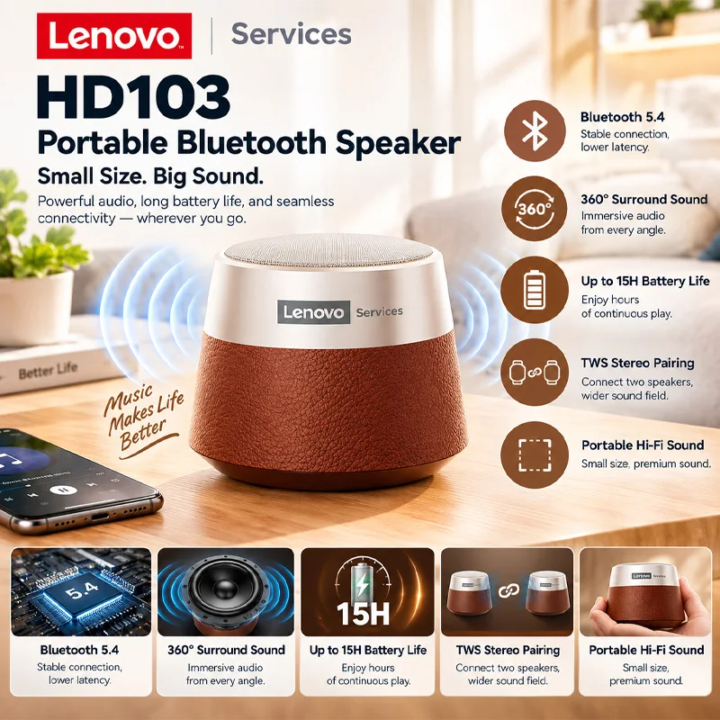 Original Lenovo HD103 Bluetooth V5.4 Speaker Big Audio With Deep Bass Sound Outdoor Soundbox Music Portable Camping Loudspeaker