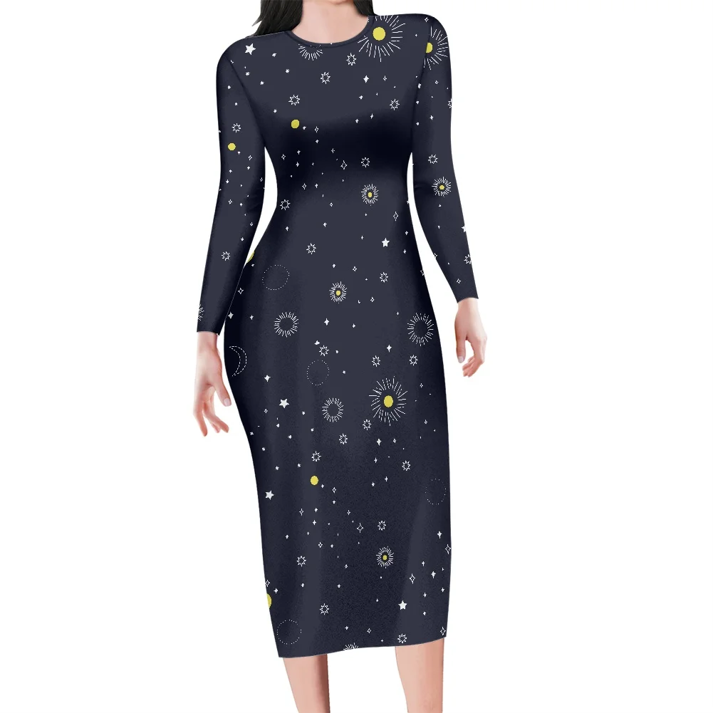 Women Spring Casual Long Sleeve Style Dress Big Party Sexy Robe Plus Size Starry Sky Pattern Print Long Sleeve Dress