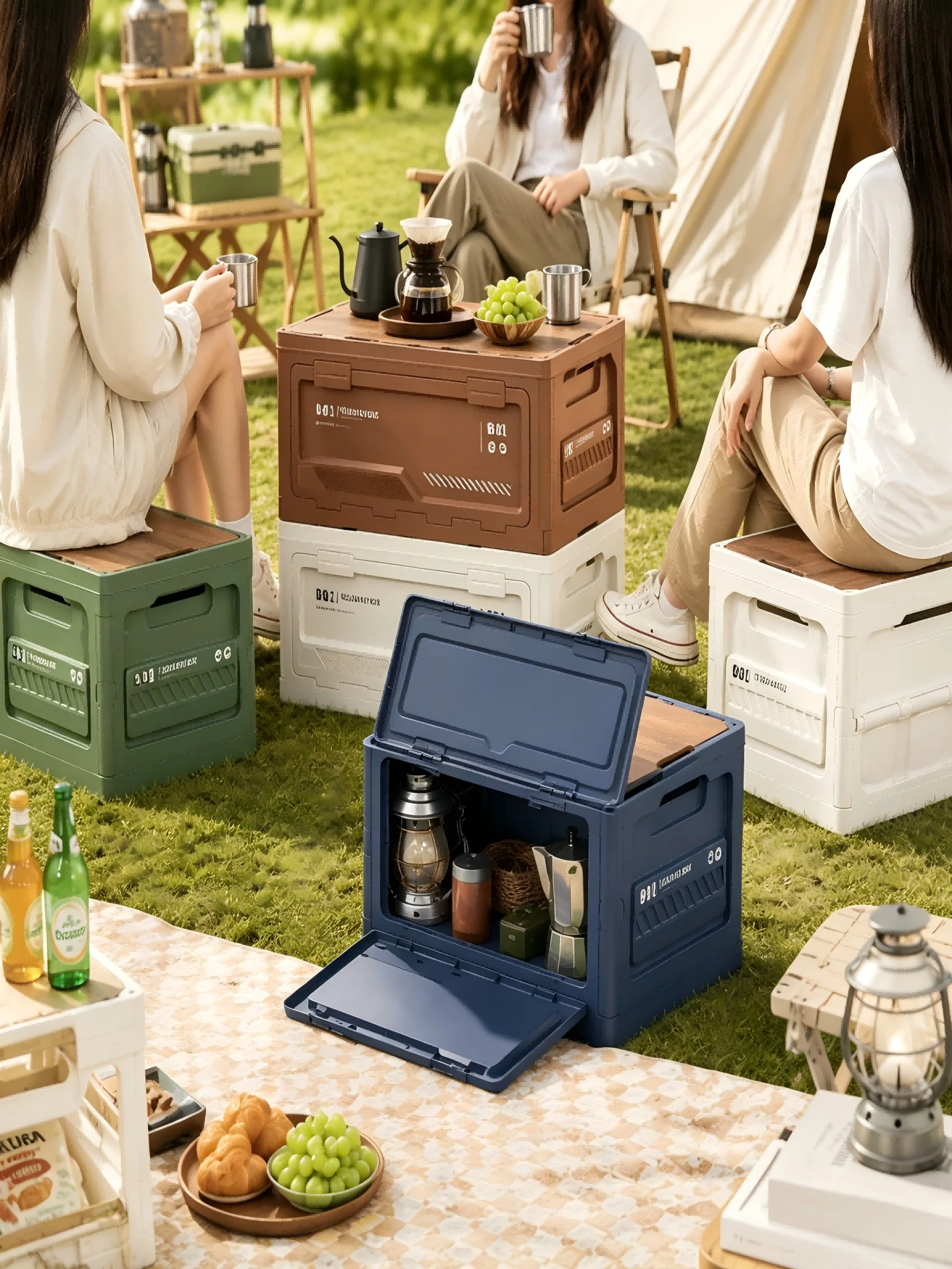 Outdoor-Camping-Picknick-Aufbewahrungsbox mit seitlicher Öffnung, Camping-Holzdeckel, Faltbox für die Aufbewahrung im Kofferraum, Aufbewahrungsbox aus Kunststoff, multifunktionale Aufbewahrungsbox für