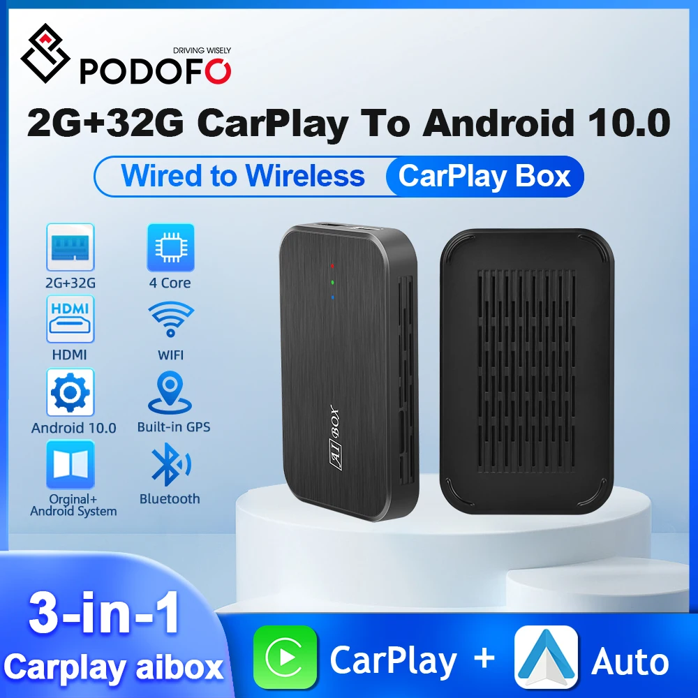 Podofo 4Core 2+32G AI Box Wireless Carplay Auto Android10 USB Dongle Support HDMI GPS Navigation WIFI AI Voice Bluetooth Adapter