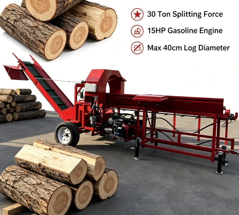 Customized Portable 15T Firewood Processor Machine Efficient Firewood Cutter Log Splitter With Engine Motor Core Components For