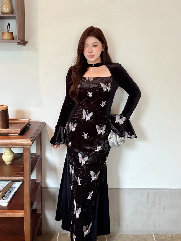 

Новое китайское бархатное платье с вышивкой для женщин больших размеров, с высокой талией, длинная юбка, осенне-зимнее, стройнящее платье