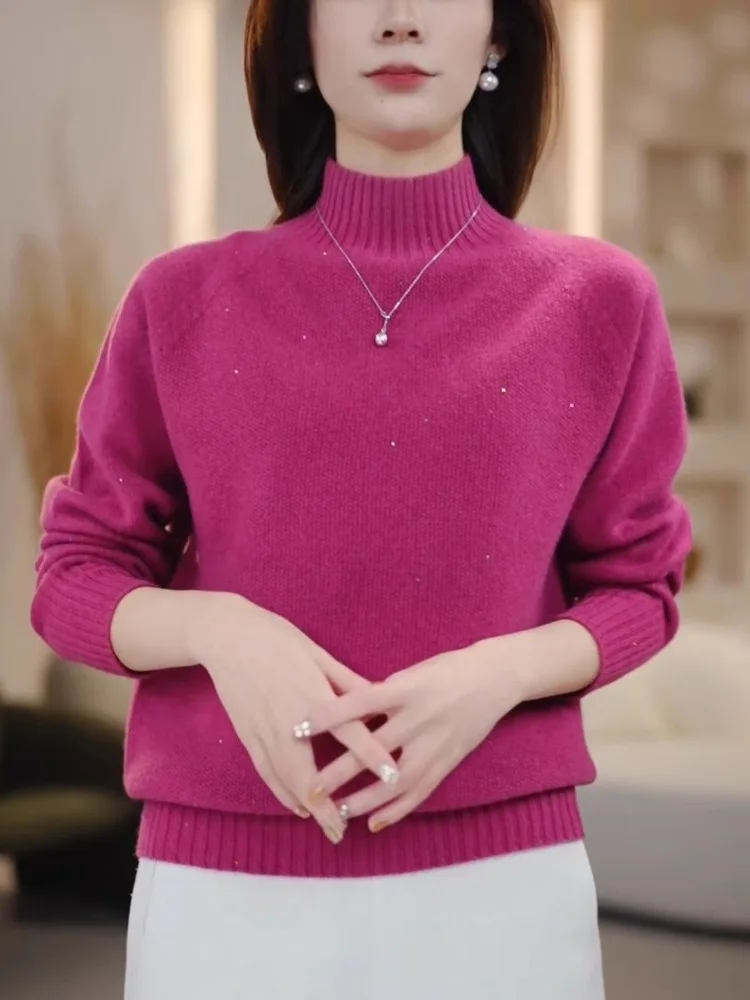 

Модный женский вязаный свитер с высоким воротником и пайетками, с эффектом омоложения, в корейском стиле, премиум-качество