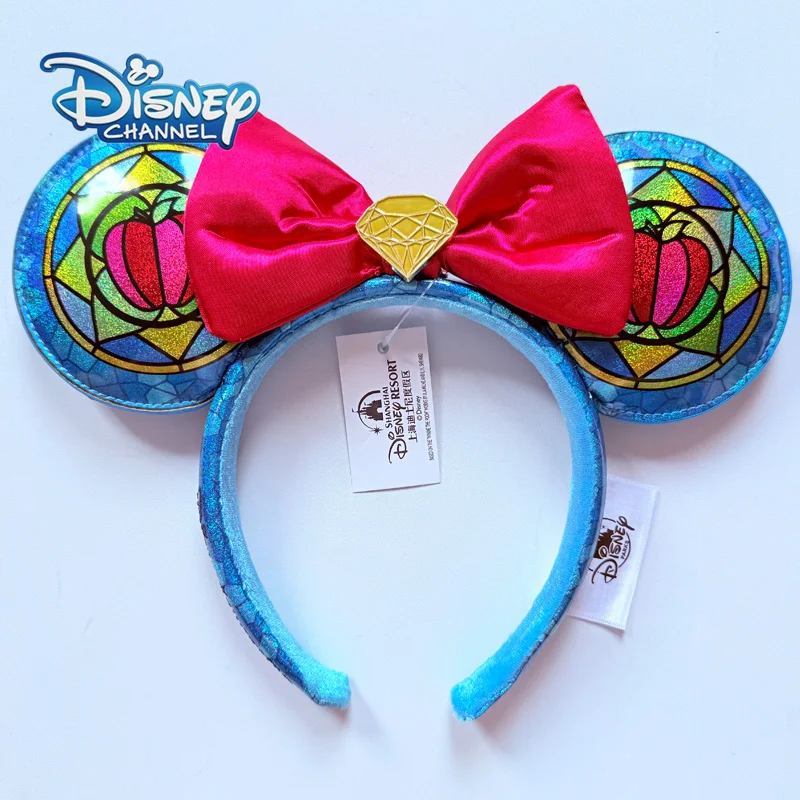 Snow White Stained Glass Minnie Ear Headband Blue Glitter Mickey Mouse Ears Headband With Red Bow Disney Cosplay Hair Accessory