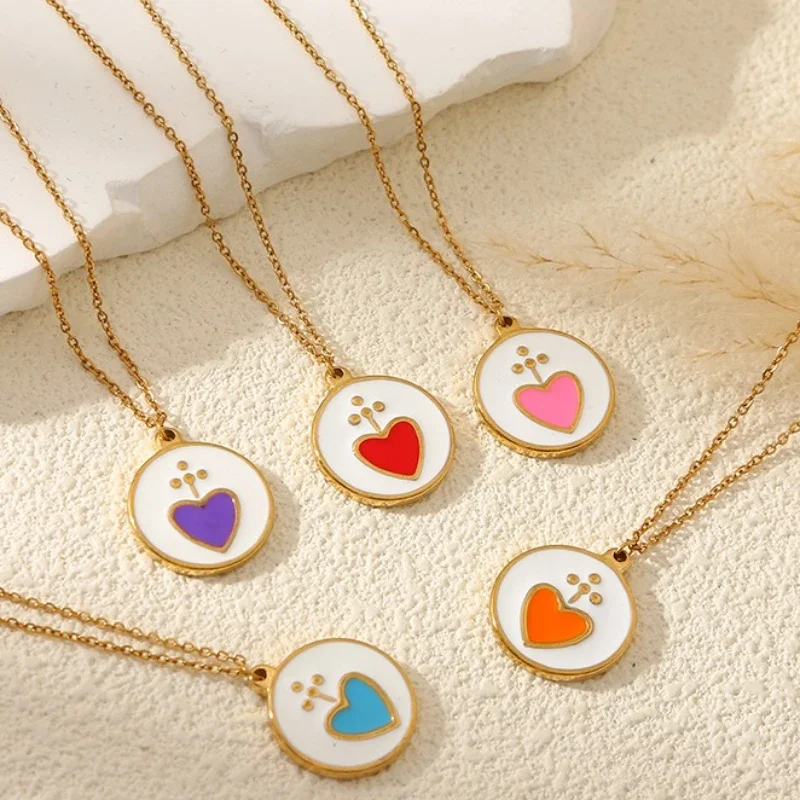 Fashion Dripping Oil Loving Heart Round Brand Pendant Necklace for Women Stainless Steel Classic Colours Necklace Party Jewelry