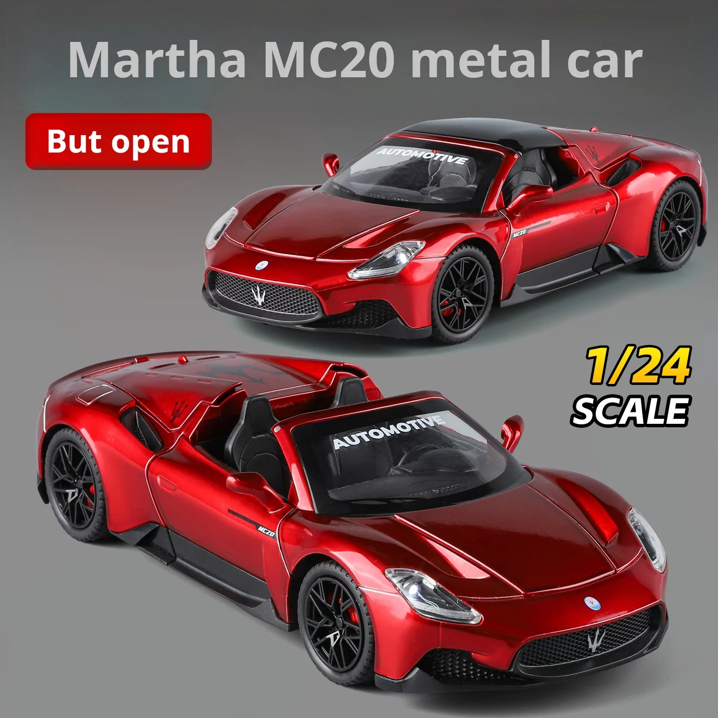 1:24 Scale Exquisite Super Car MC20 Convertible Foldable Roof Car Model Toy Boys Collection Ornament Figurine Light & Sound