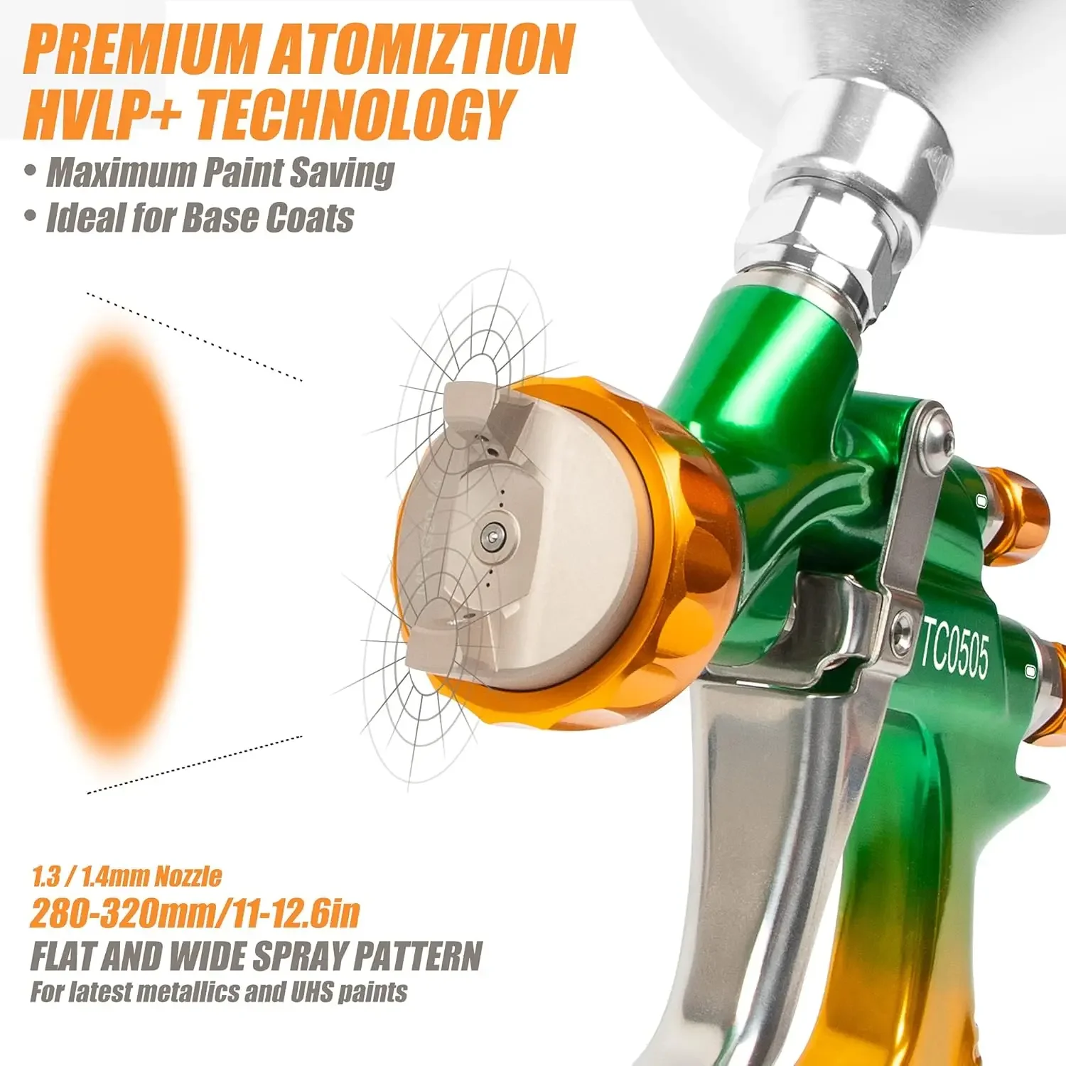 HVLP Gravity Professional Feed Air Spray Gun, Padrão de pulverização larga, 1.3/1.4mm Bico, Válvula de Controle de Ar W, 1000ml Capacidade, 280-320mm