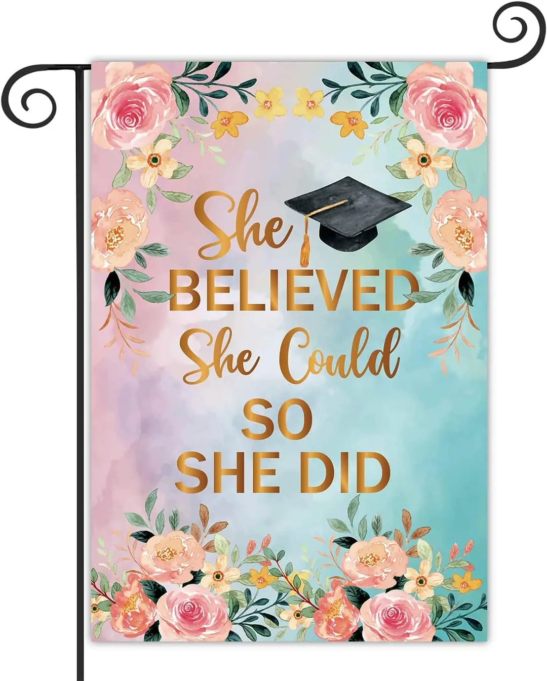 Gold She Believed She Could So She Did Garden Flag,Congrats Porch Yard Sign Decor for Girl Graduation,Graduation Flag,Vertical D