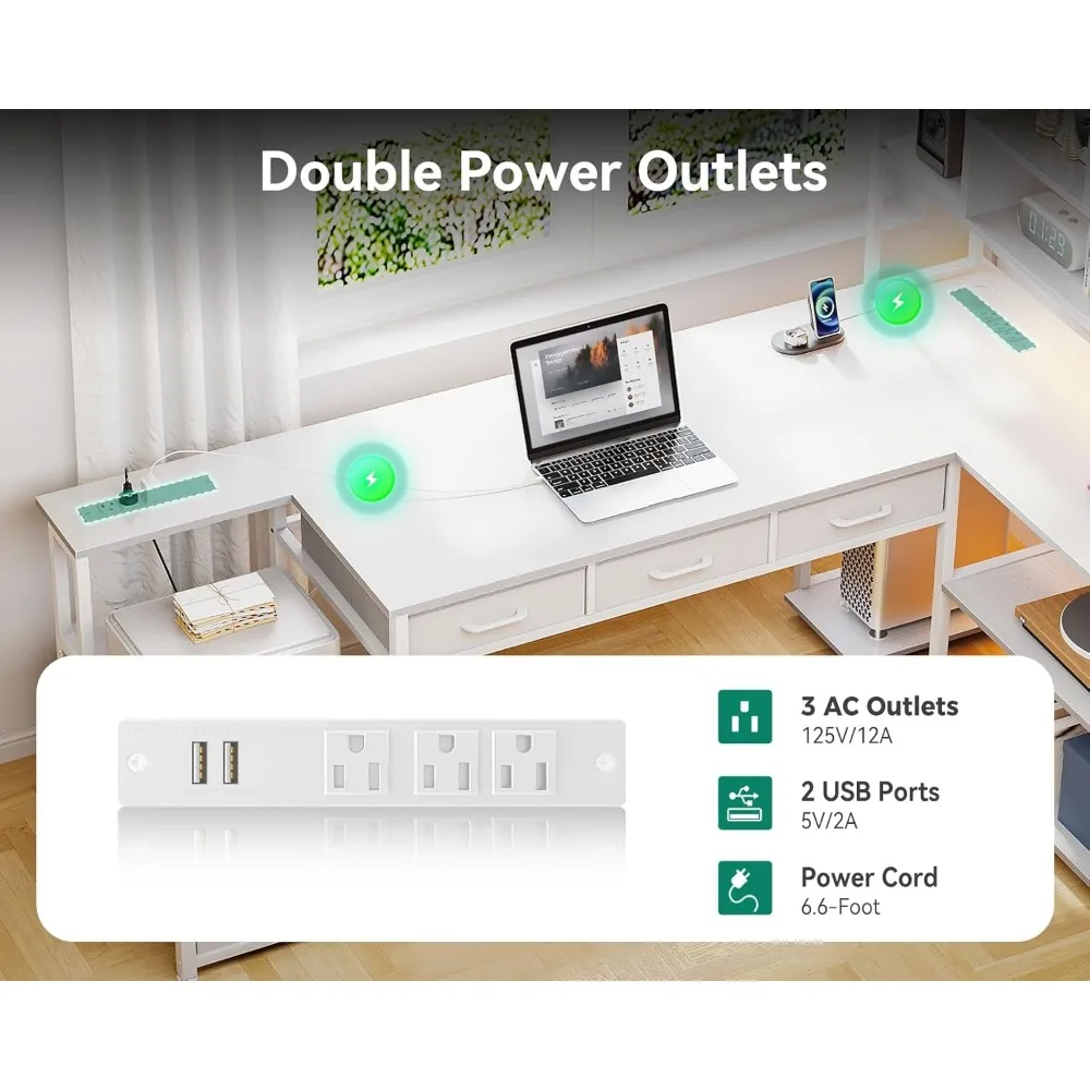 مكتب على شكل حرف L مقاس 79 بوصة مع أدراج ملفات، مكتب ألعاب على شكل حرف L قابل للعكس مع منافذ طاقة وأضواء LED، مكتب كمبيوتر مع St