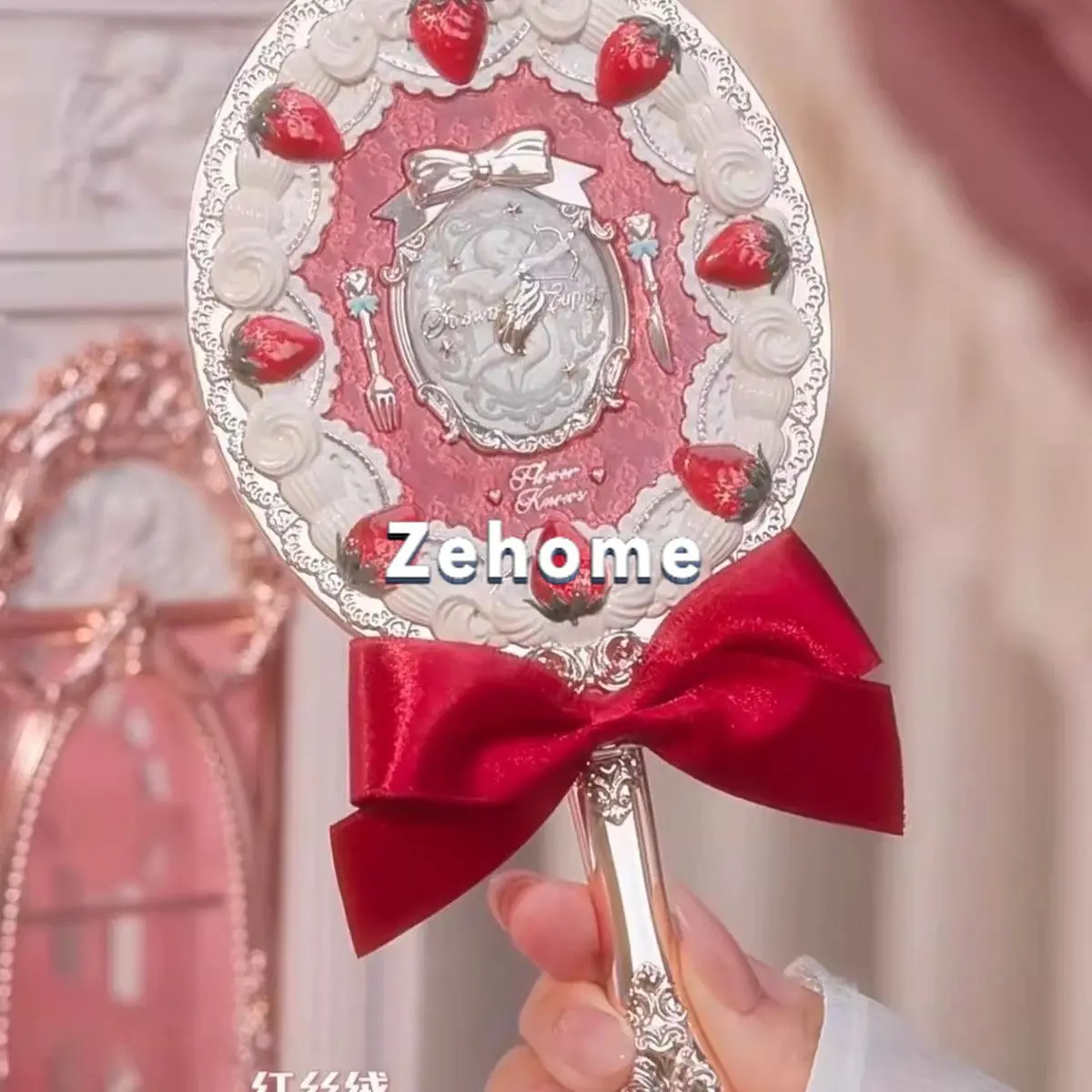 Flower Knowledge Strawberry Cupid Mirror Bow High Value Retro Embossed Handheld Mirror