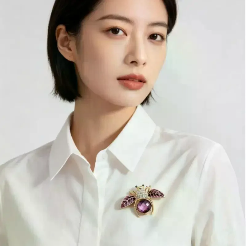 Rose Gold Plated Purple Crystal Bee Brooch With Rhinestone Enamel Wings For Wedding Party Daily Wear