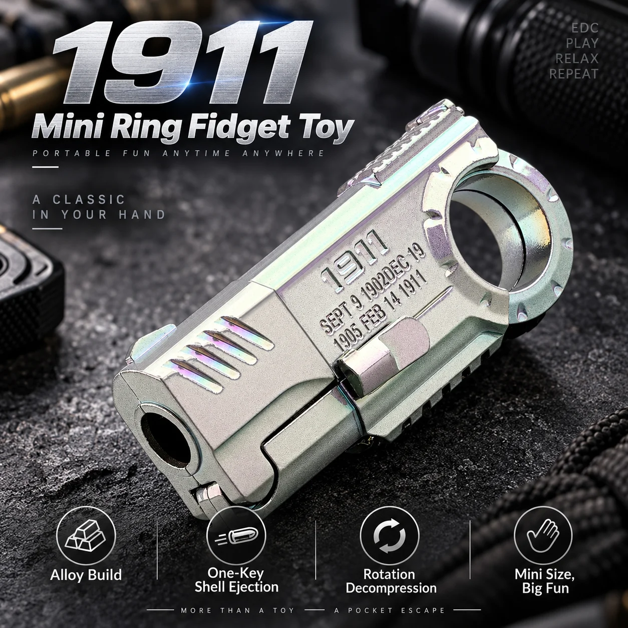2-in-1 EDC Metal Fidget Spinner Push Slider Toy, 1911 Style Mini Ring Pistol with Shell Ejection, Portable Stress Relief Toy