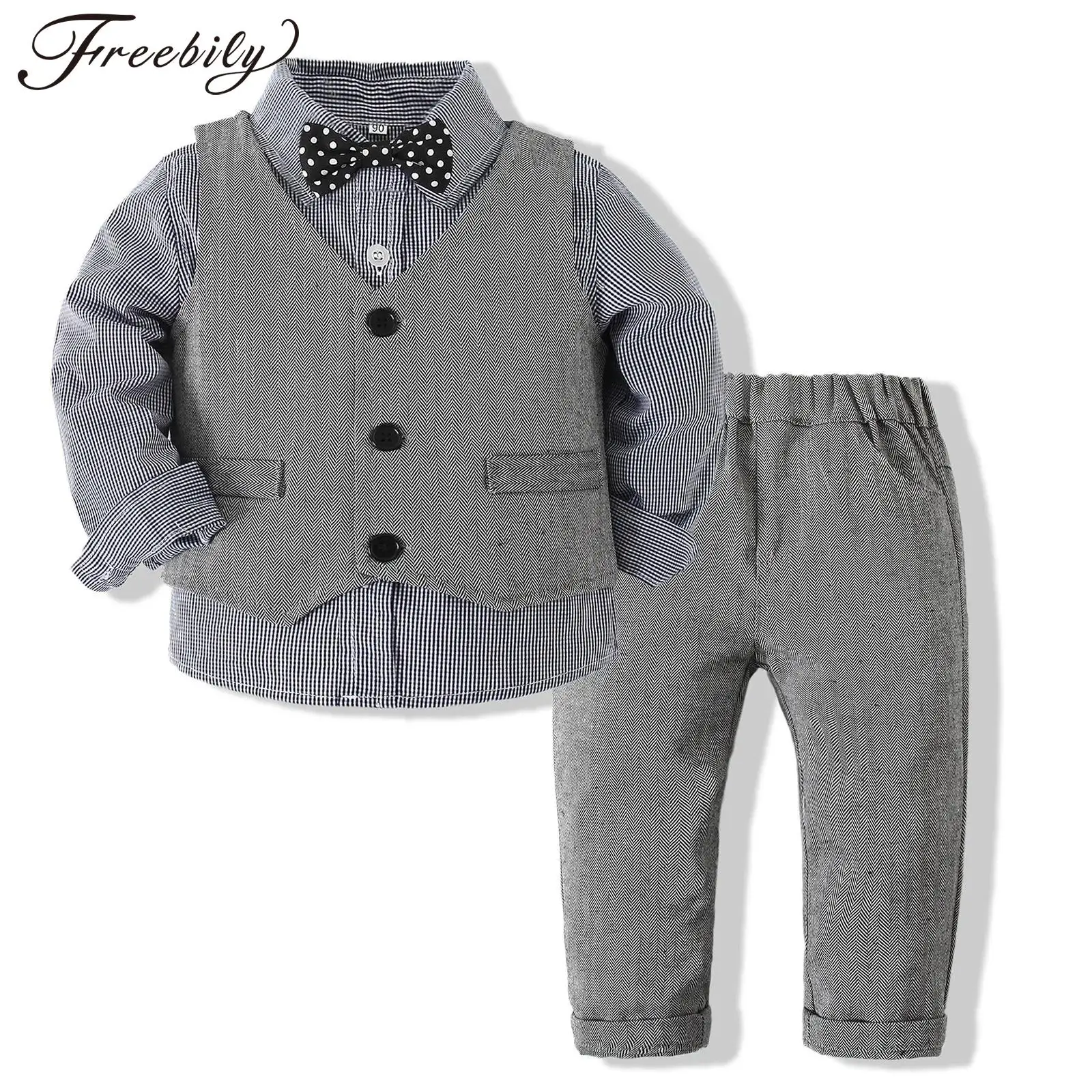 Kinder Baby Jongens Lange Mouw Gestreept Overhemd Vlinderdas Vest En Lange Broek Pak Voor Doop Verjaardagsfeestje School Gentleman Outfit