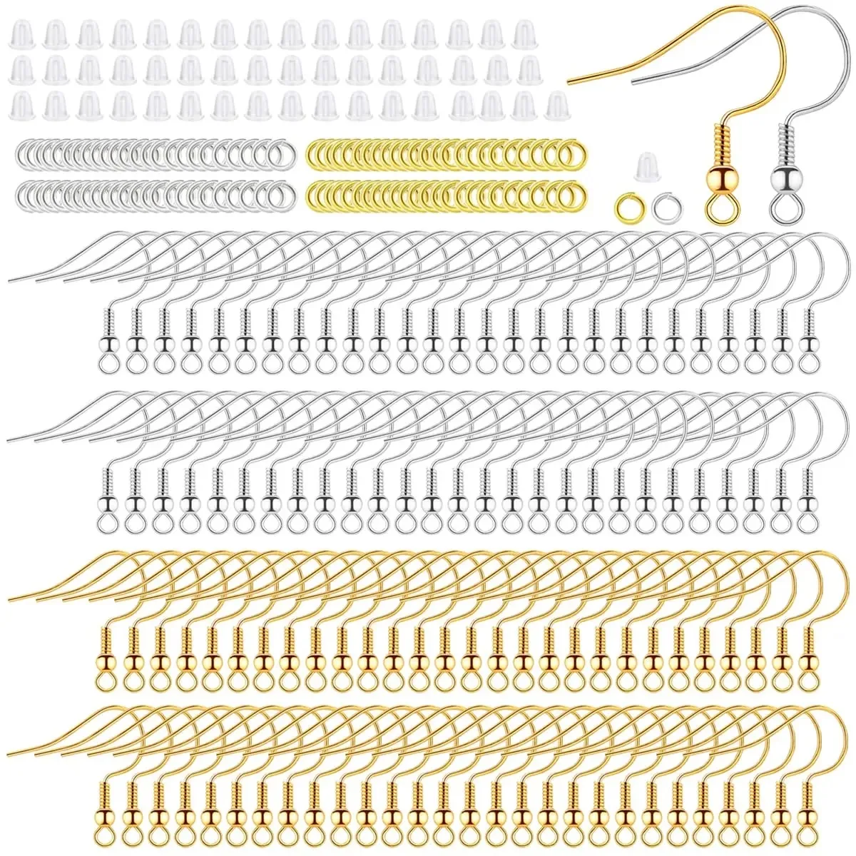 600 Pcs Earring Making Kit, Fish Earring Hooks + Metal Jump Rings + Clear Silicone Earring Backs Stoppers for Jewelry Making