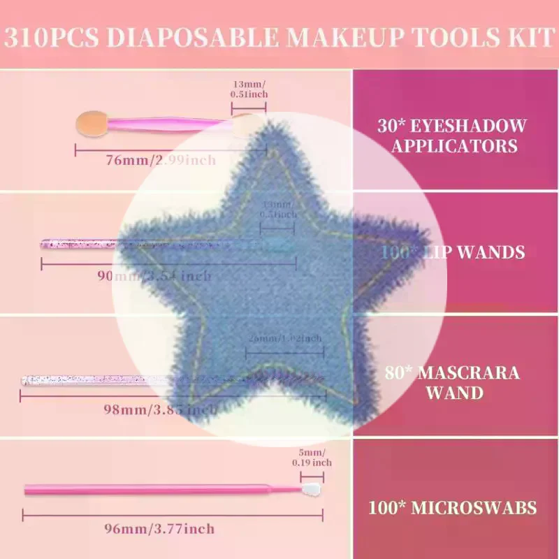 310 قطعة مجموعة فنان ماكياج أساسيات أدوات تطبيق ماكياج للاستعمال مرة واحدة ماركارا الصولجانات أدوات تطبيق الشفاه مسحات صغيرة للاستعمال مرة واحدة ظلال العيون