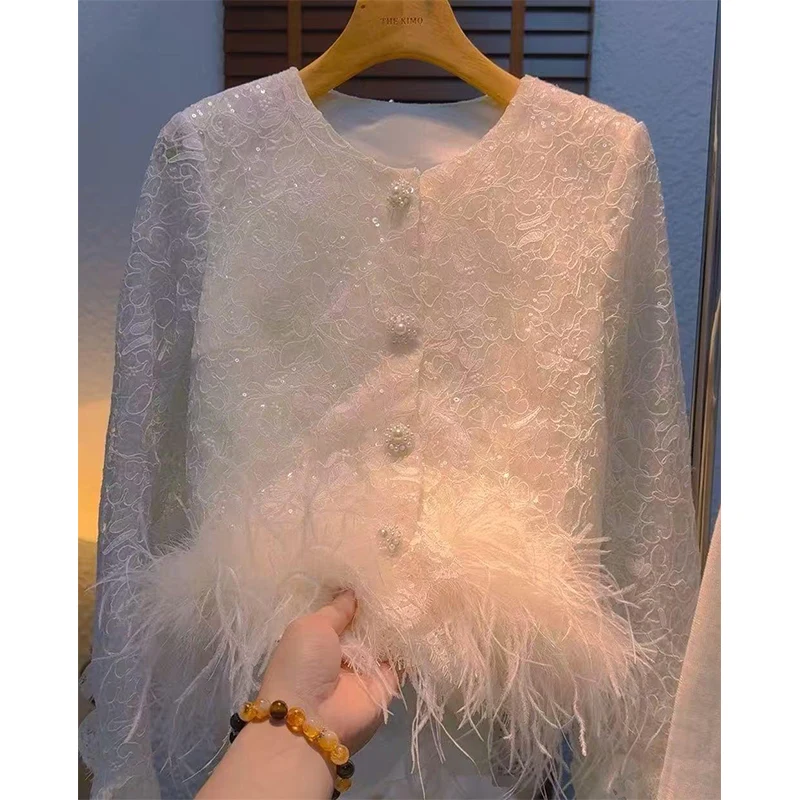 

Новая женская куртка 2025 года с высокой талией, с вышивкой, перьями и пэчворком, элегантная повседневная модель с круглым вырезом