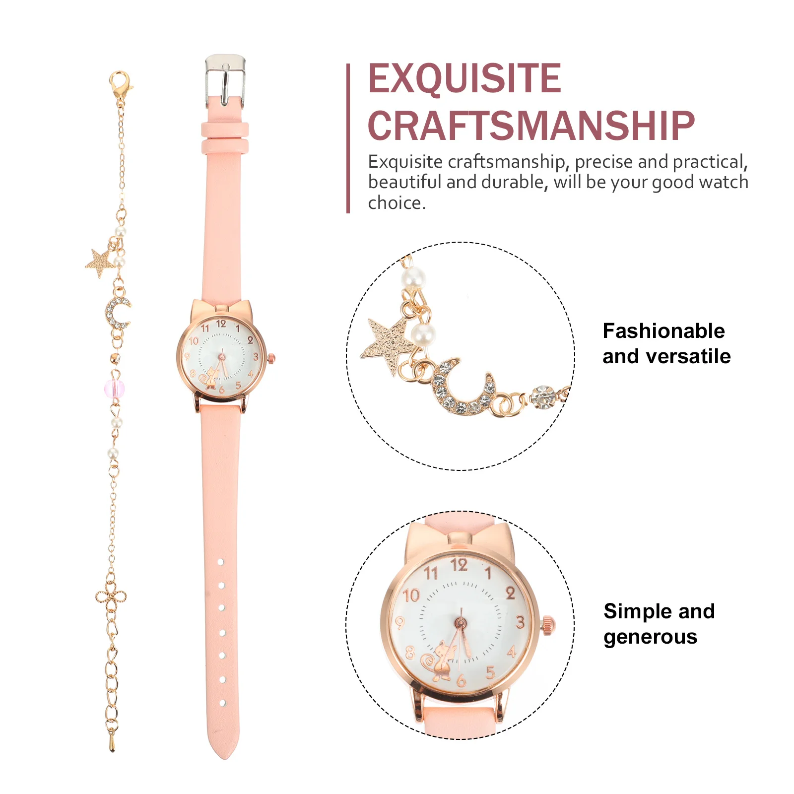 1 conjunto adorável gato relógio de quartzo com lua estrela pulseira conjunto para mulheres elegante relógio jóias combinação presente ideal para festivais