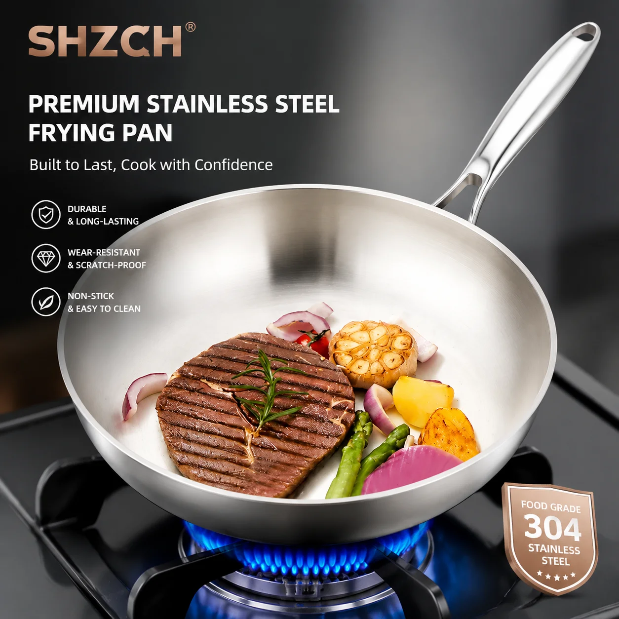304 Stainless Steel Non Stick Pan for Frying Steak Uncoated Kitchen Cookware Suitable for Gas Stoves and Induction Cookers