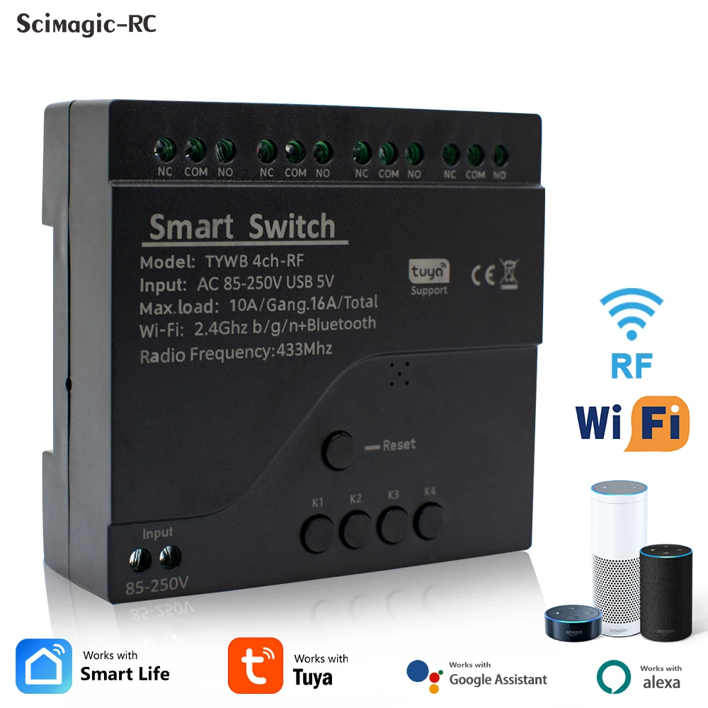 

Din Rail 4ch Tuya Smart Switch WIFI 220v Relay Without Neutral 4 Channel Wireless 12v 24v Module RF433 Receiver Inching Alexa