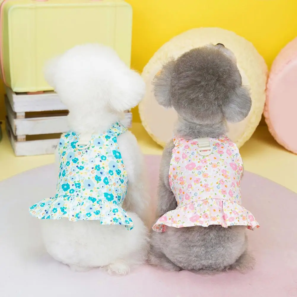 

Pet Dress Spring Summer Thin Puppy Dress Cotton Flower Print Ruffled Hem Dog Princess Dress with Traction Ring Dog платье