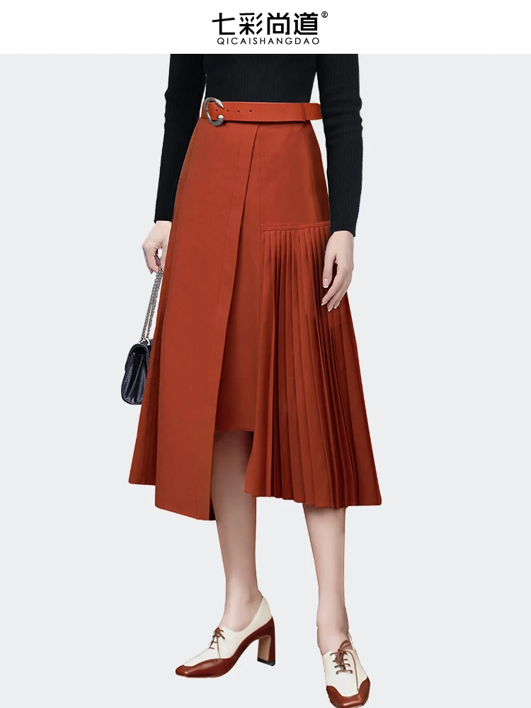 High Street Irregular Orange Pleated Skirt Women' HIgh Waist A-line Patchwork Design Mid-length Skirts 2023 Spring Summer Skirts