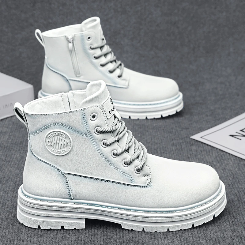 Men's Winter  Boots High Top Cotton Lined Work Shoes Thick Bottom Heightening Leather Boots Youth Trend Korean Style