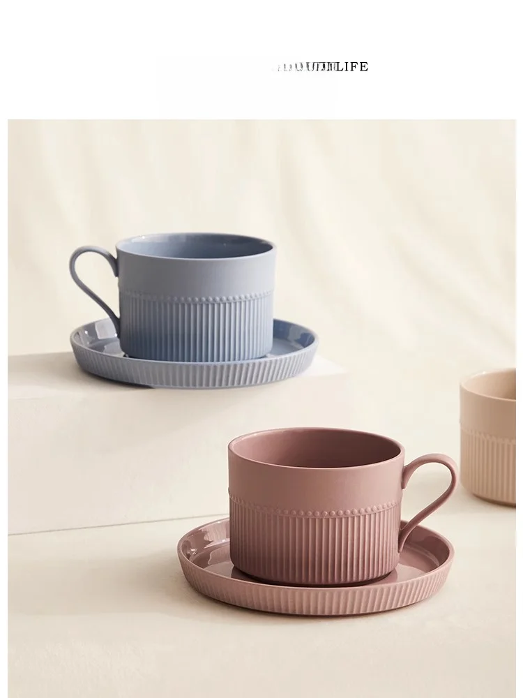 Tlife Moran Premium Ceramic Coffee Cup Set for Afternoon Tea Nordic Style Pure Color Texture Design without Cup Cover