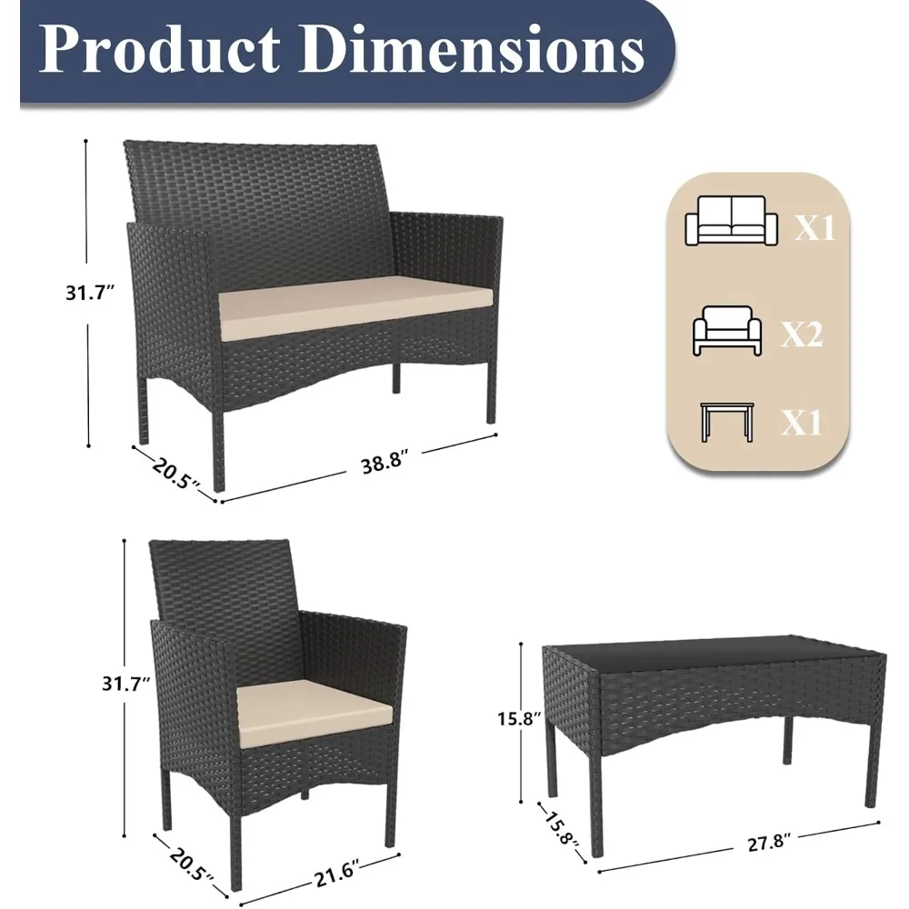 طقم أثاث شرفة مكون من 4 قطع من أثاث شرفة الروطان الخارجي مع كراسي الروطان المبطنة وطاولة زجاجية #5