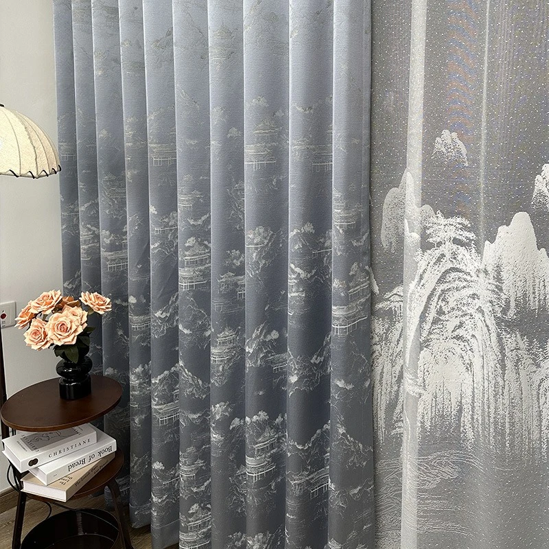New Chinese Style Ink Landscape Chinese Style Classical High Precision Jacquard Blackout Curtains Living Room Study Restaurant