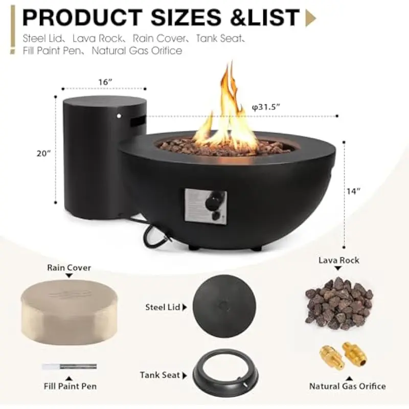 2-Piece Modern Round Propane Fire Table Set with Integrated Tank Concealment Lid, 31.5-Inch Diameter Eco-Composite Bowl, 50000 B