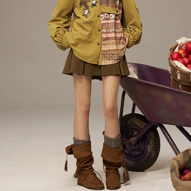 ELFSACK 2025 Autumn New Arrivals Y2K Casual Classic Double-Pocket High-Waist Waist-Cinching Pleated Skirt For Woman
