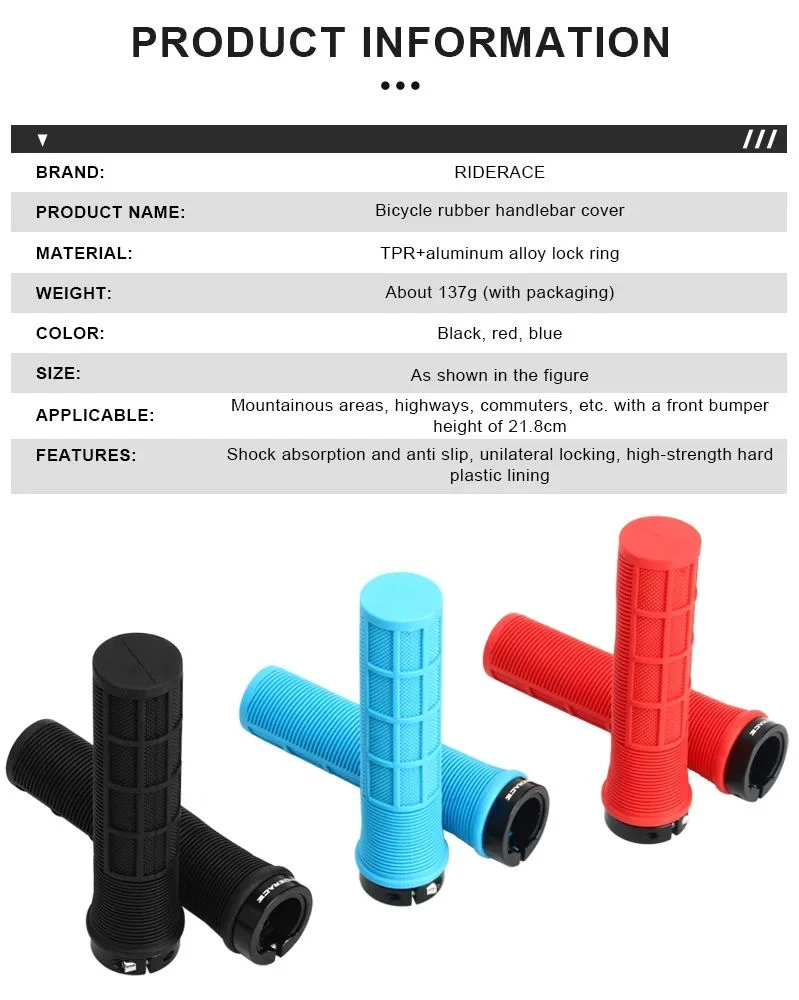 RIDERACE  Cycling Handlebar Grip Bicycle Grips Lock on Mountain Bike Handle Bar Cover TPR Rubber Shockproof Non-Slip Ergonomic