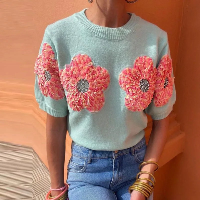 

Women Fashion Round Neck Knitted Sweater Elegant Colorblocking Floral Pullover Top Casual Short Sleeve Loose High Street Jumper