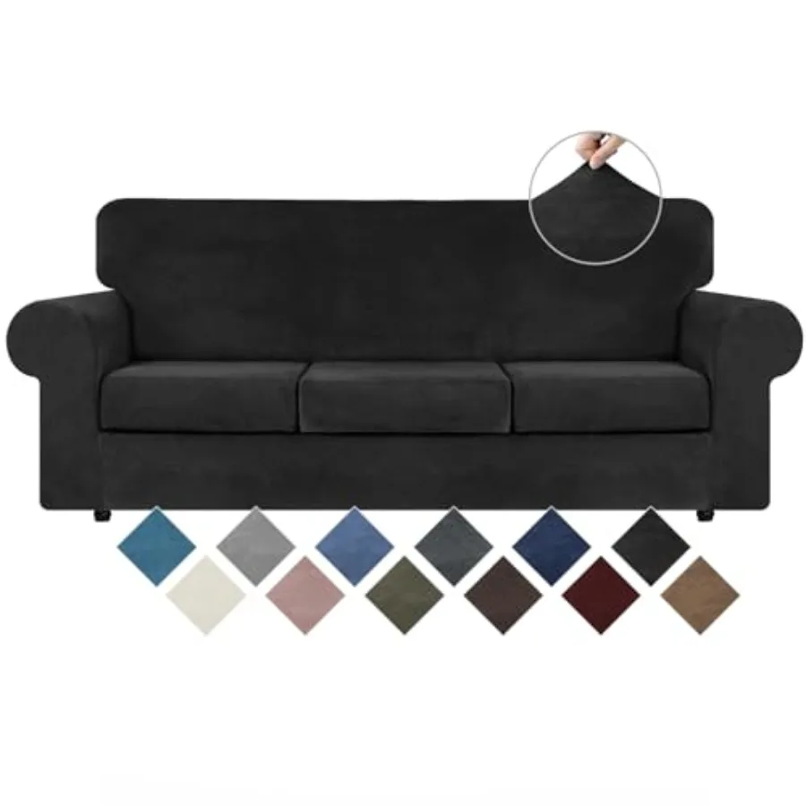 

4 Pieces Velvet High Stretch Couch Covers for 3 Cushion Couch Sofa Slipcovers, Washable Furniture Protector with Non Slip Elast