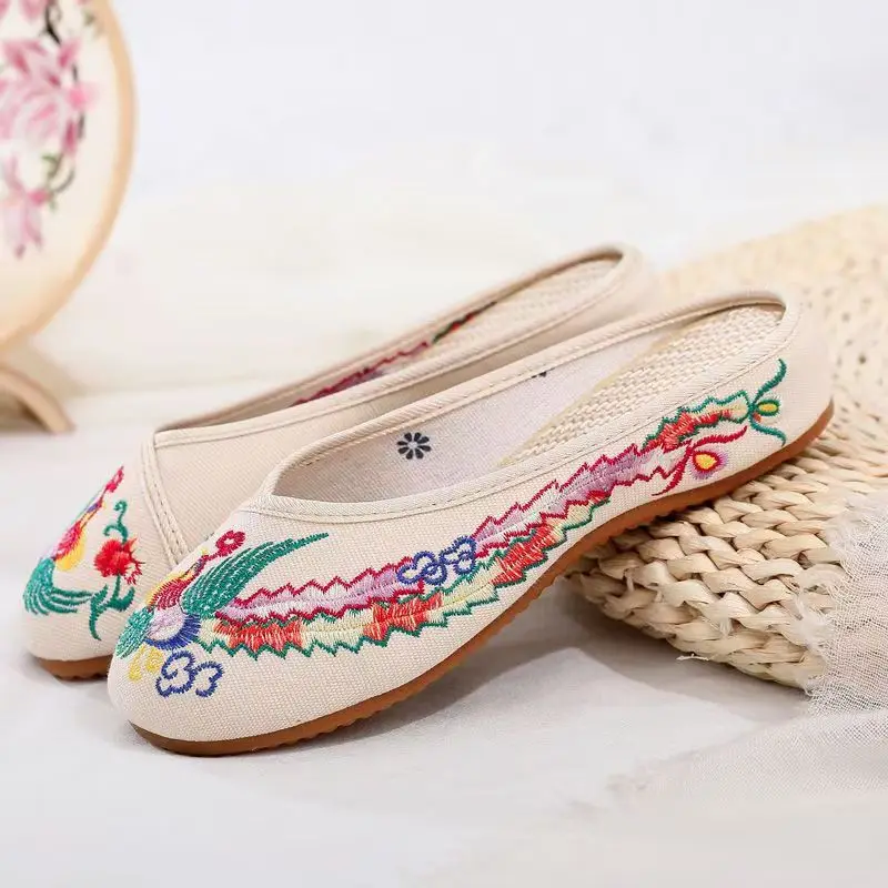 2024 Women's Chinese Traditional Flat Sole Embroidered Slipper Soft Sole Non Slip Round Toe Ethnic Style Canvas Slippers