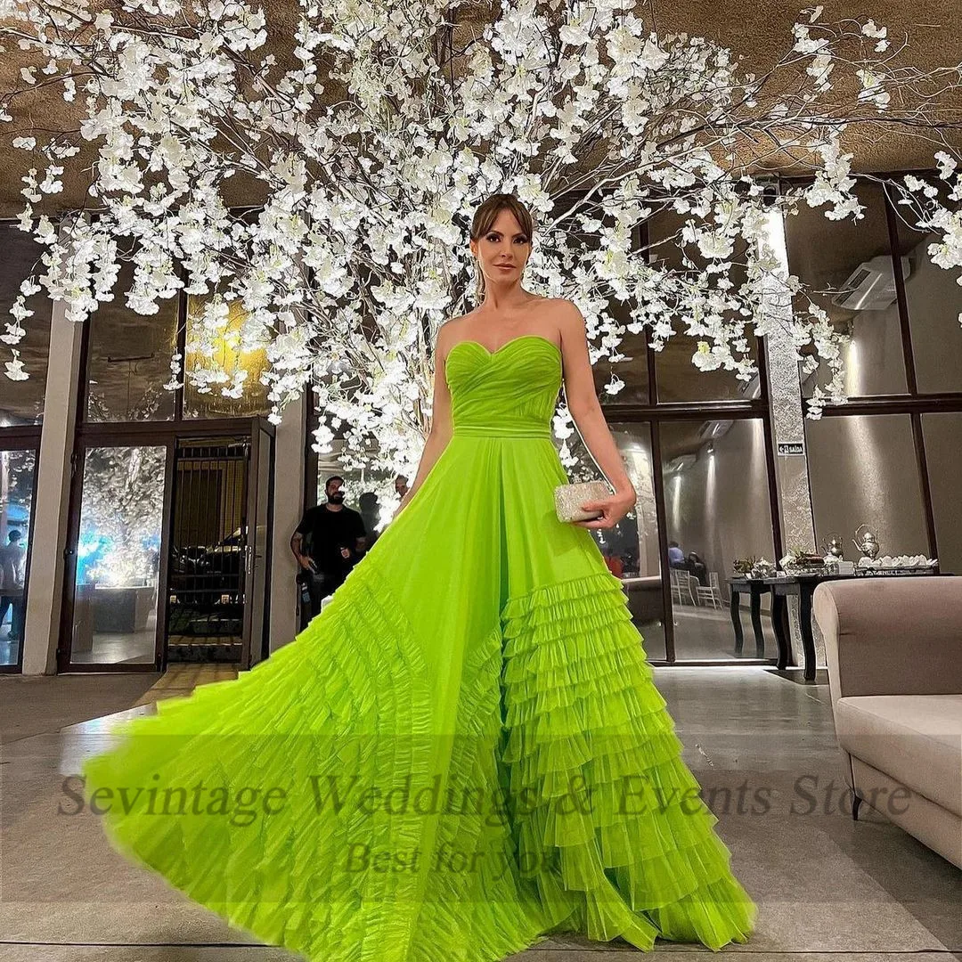 Customized Mint Green Tulle Long Prom Dresses A  Line Sweetheart Tiered Women Formal Gowns Floor Length Evening Party Gown 2023